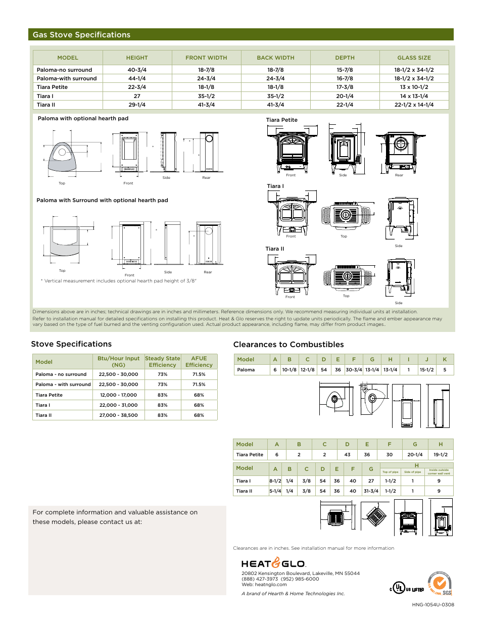 Stove specifications, Gas stove specifications, Clearances to combustibles | Hearth and Home Technologies TIARA II User Manual | Page 4 / 4