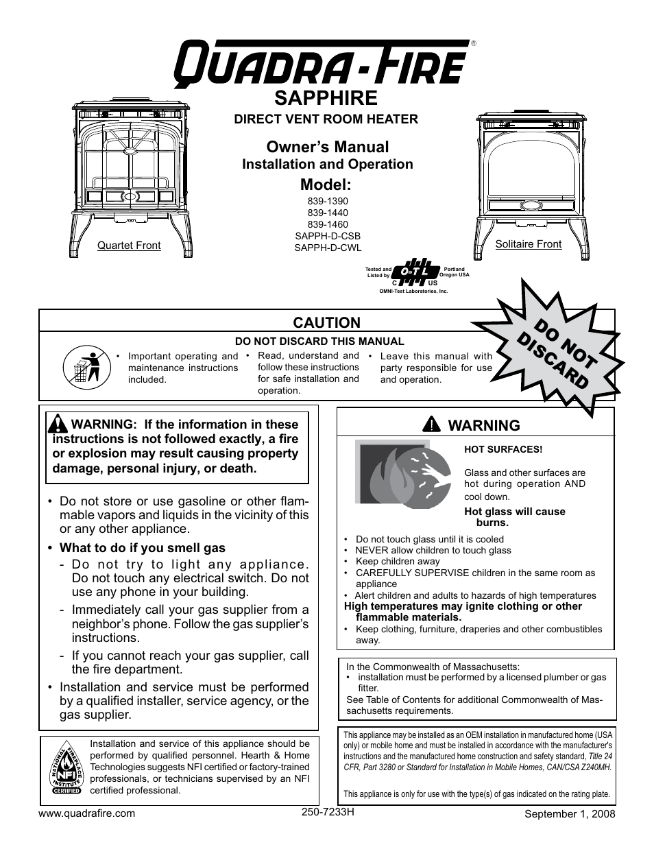 Hearth and Home Technologies Direct Vent Room Heater 839-1460 User Manual | 56 pages