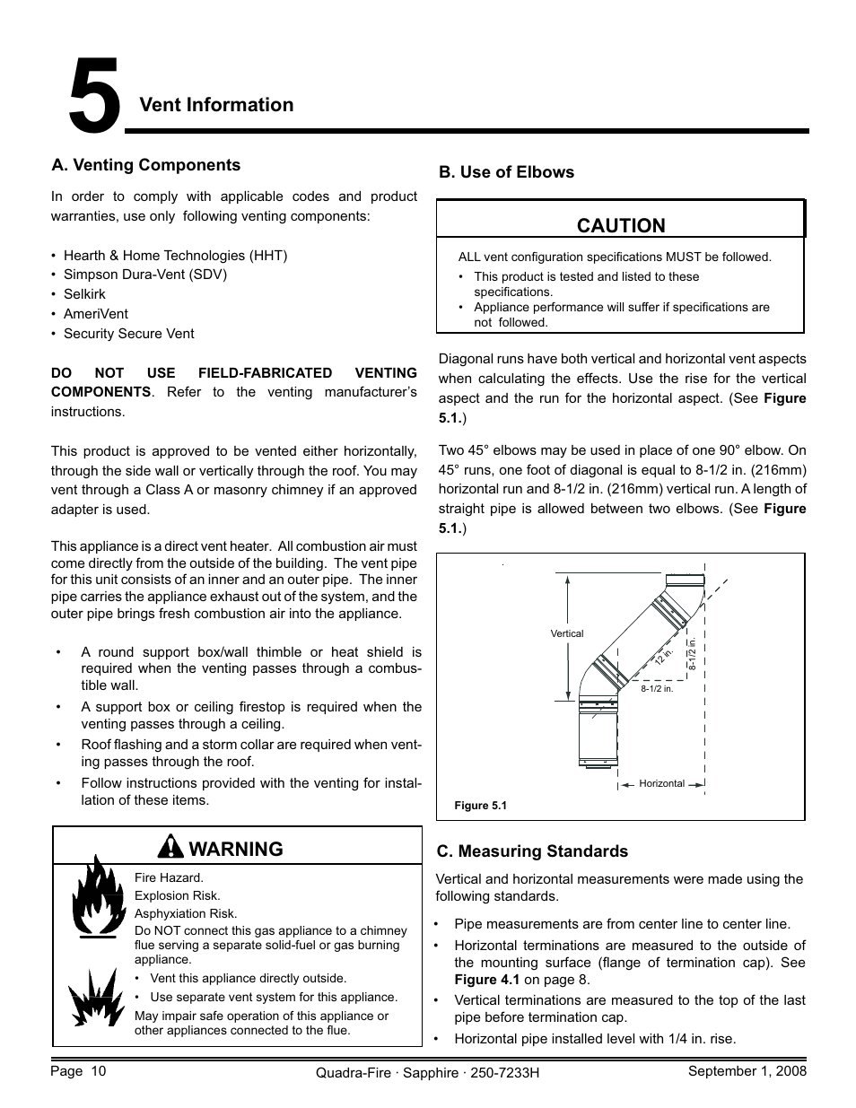Vent information, Warning, Caution | Hearth and Home Technologies Direct Vent Room Heater 839-1460 User Manual | Page 10 / 56