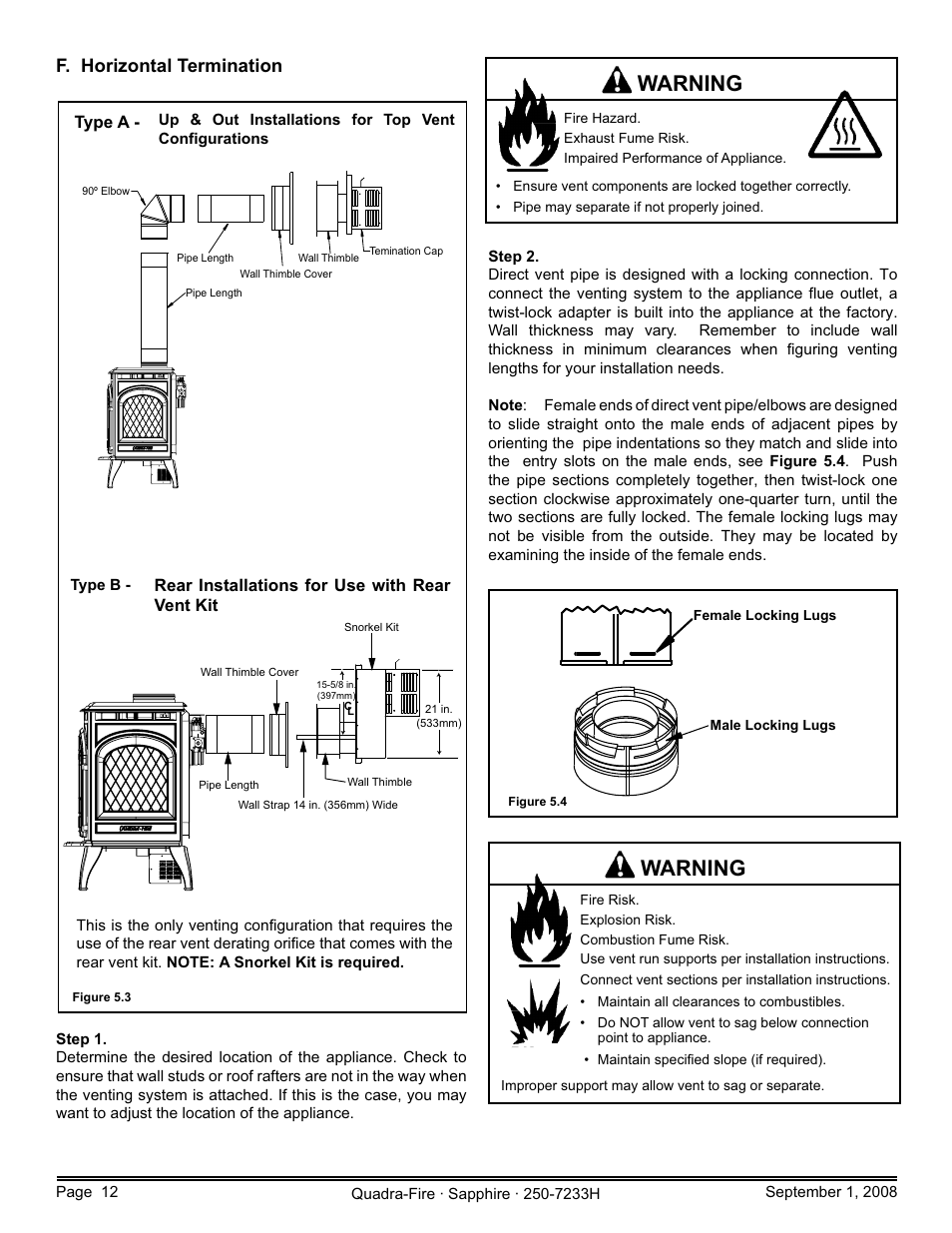 Warning, F. horizontal termination, Rear installations for use with rear vent kit | Type a | Hearth and Home Technologies Direct Vent Room Heater 839-1460 User Manual | Page 12 / 56