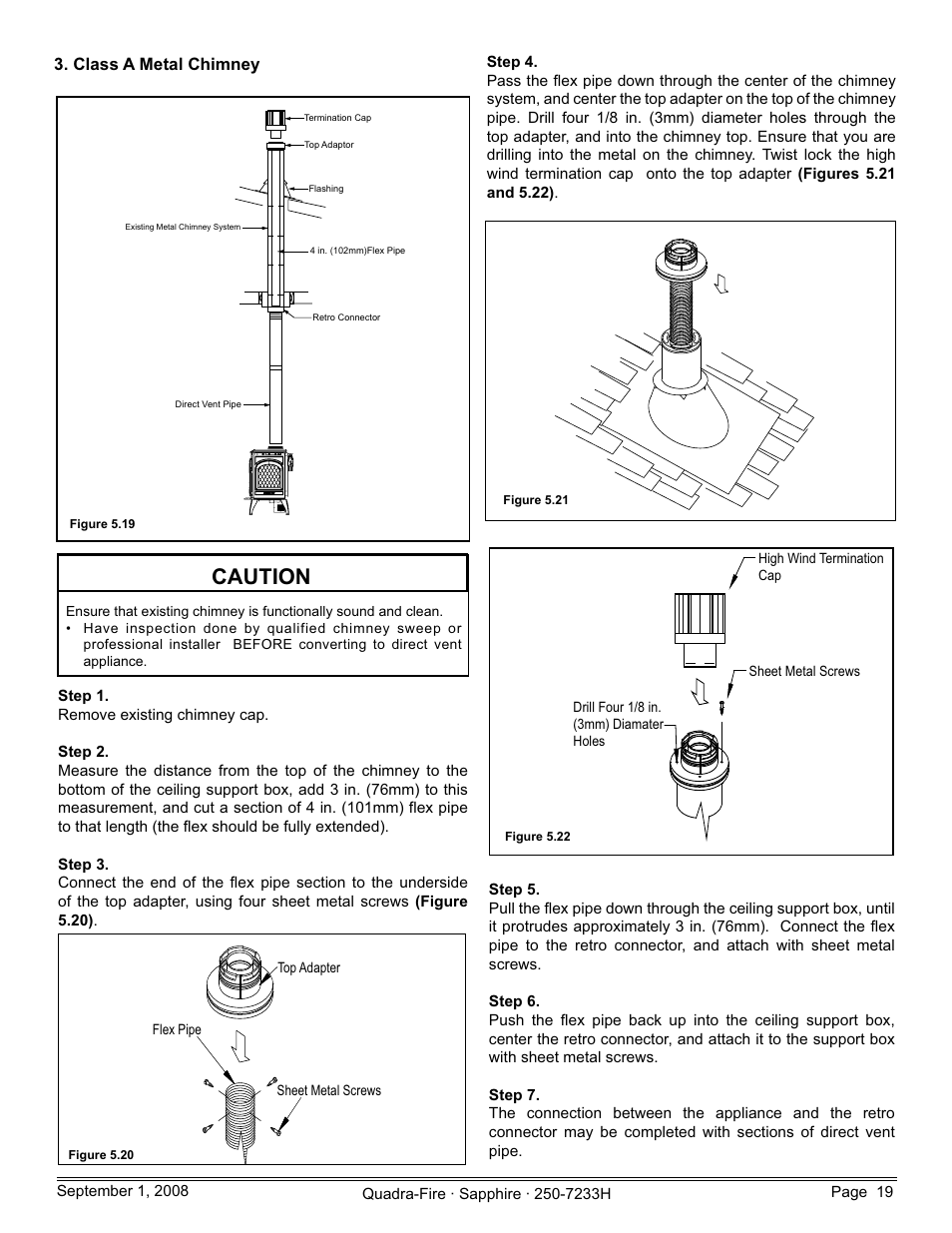 Caution, Class a metal chimney | Hearth and Home Technologies Direct Vent Room Heater 839-1460 User Manual | Page 19 / 56