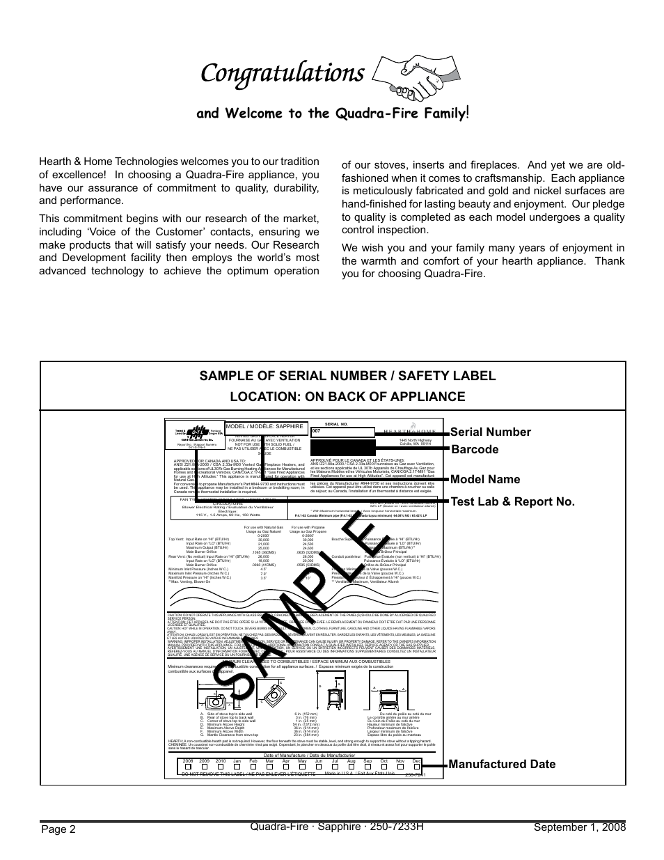 Sample, And welcome to the quadra-fire family, Manufactured date | Hearth and Home Technologies Direct Vent Room Heater 839-1460 User Manual | Page 2 / 56