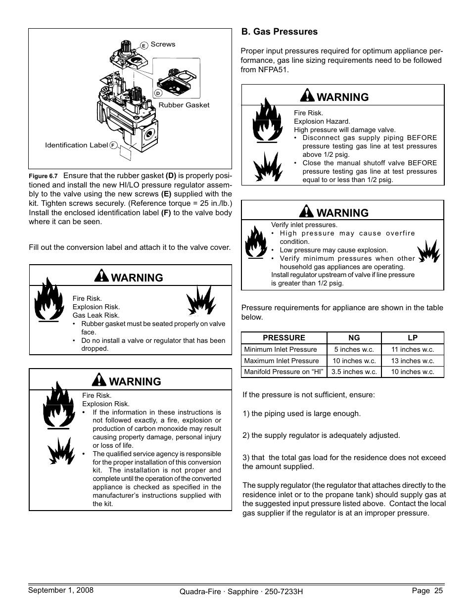 Warning, B. gas pressures | Hearth and Home Technologies Direct Vent Room Heater 839-1460 User Manual | Page 25 / 56