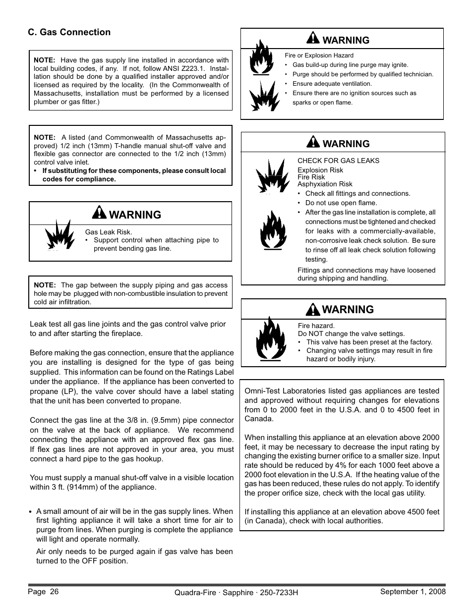 Warning | Hearth and Home Technologies Direct Vent Room Heater 839-1460 User Manual | Page 26 / 56
