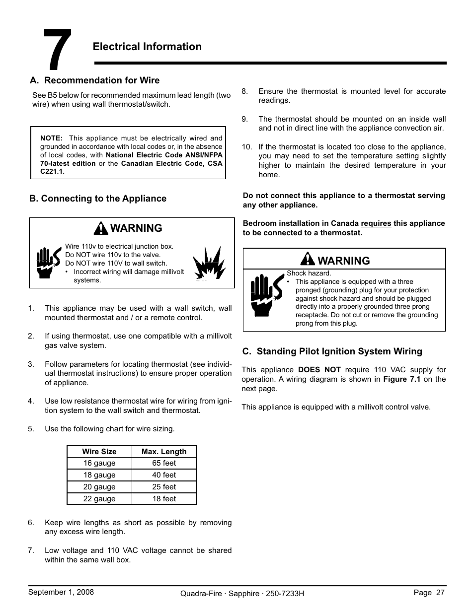 Electrical information, Warning | Hearth and Home Technologies Direct Vent Room Heater 839-1460 User Manual | Page 27 / 56