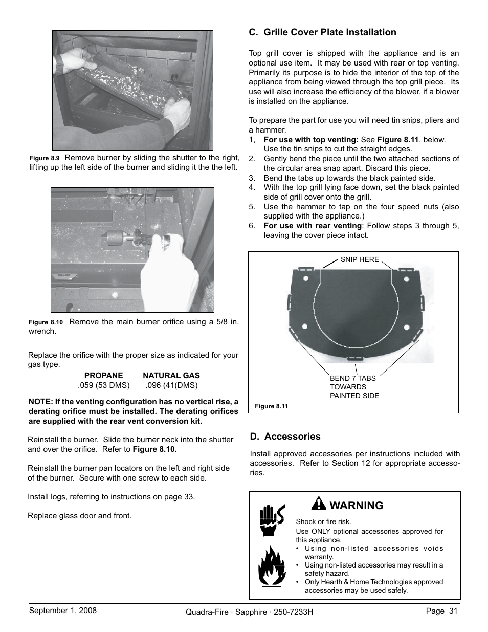 Warning | Hearth and Home Technologies Direct Vent Room Heater 839-1460 User Manual | Page 31 / 56