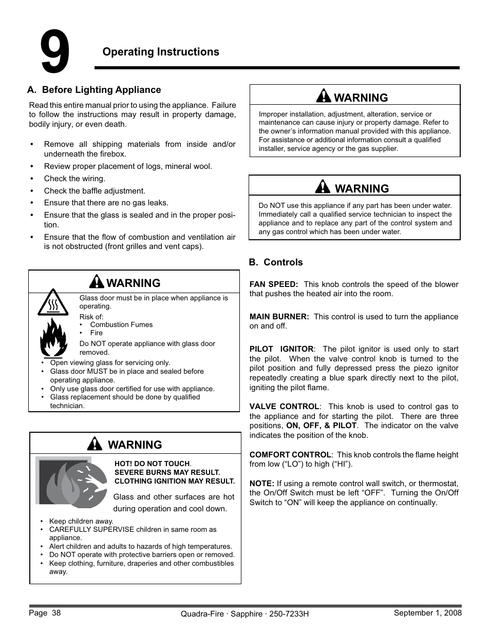 Operating instructions, Warning | Hearth and Home Technologies Direct Vent Room Heater 839-1460 User Manual | Page 38 / 56