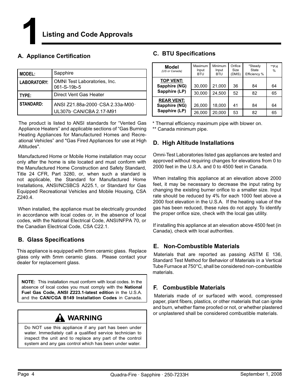 Listing and code approvals, Warning | Hearth and Home Technologies Direct Vent Room Heater 839-1460 User Manual | Page 4 / 56