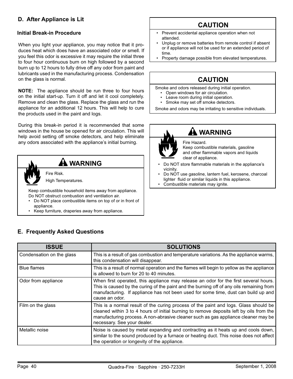 Warning, Caution | Hearth and Home Technologies Direct Vent Room Heater 839-1460 User Manual | Page 40 / 56