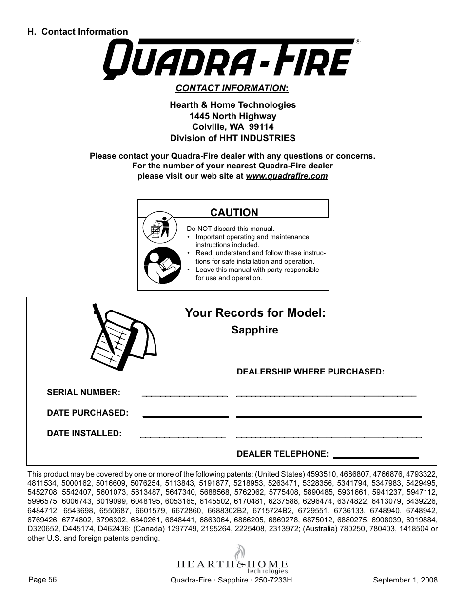 Your records for model, Sapphire, Caution | Hearth and Home Technologies Direct Vent Room Heater 839-1460 User Manual | Page 56 / 56