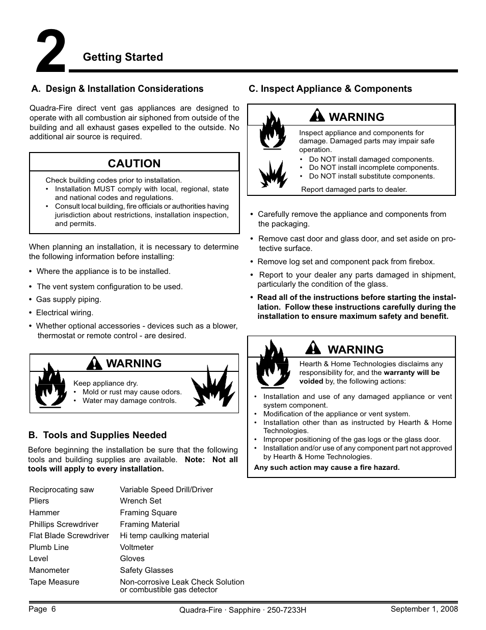 Getting started, Caution, Warning | Hearth and Home Technologies Direct Vent Room Heater 839-1460 User Manual | Page 6 / 56