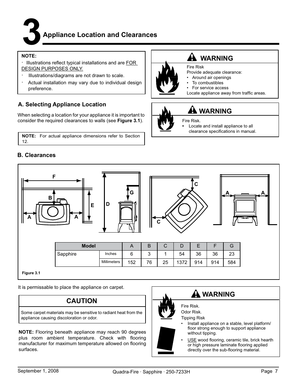 Appliance location and clearances, Warning, Caution | Hearth and Home Technologies Direct Vent Room Heater 839-1460 User Manual | Page 7 / 56