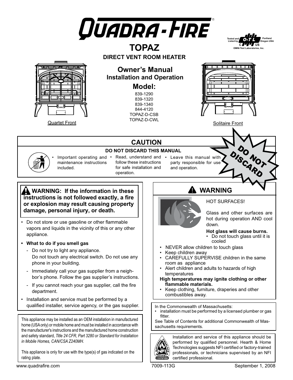 Hearth and Home Technologies 839-1290 User Manual | 56 pages