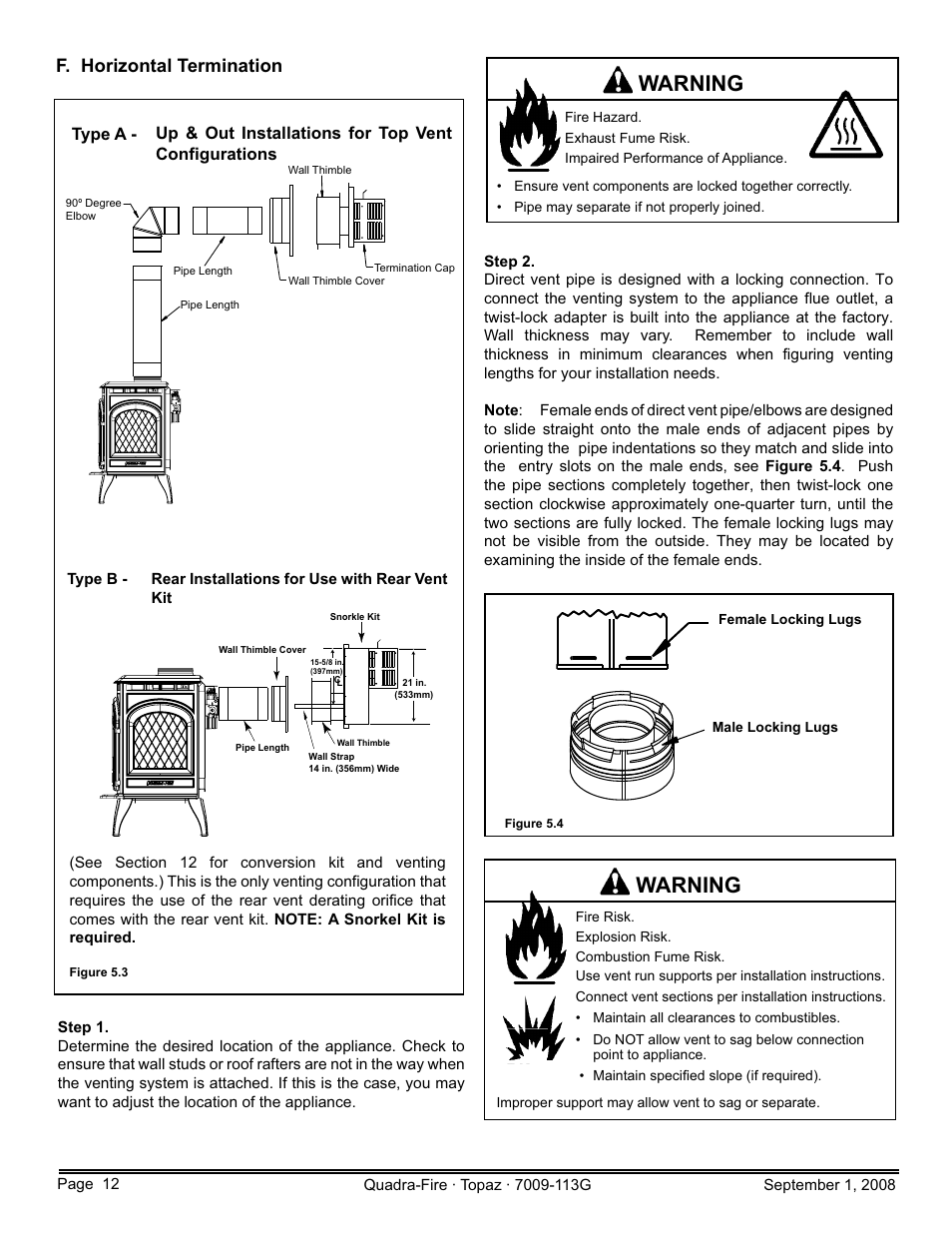 Warning, F. horizontal termination | Hearth and Home Technologies 839-1290 User Manual | Page 12 / 56