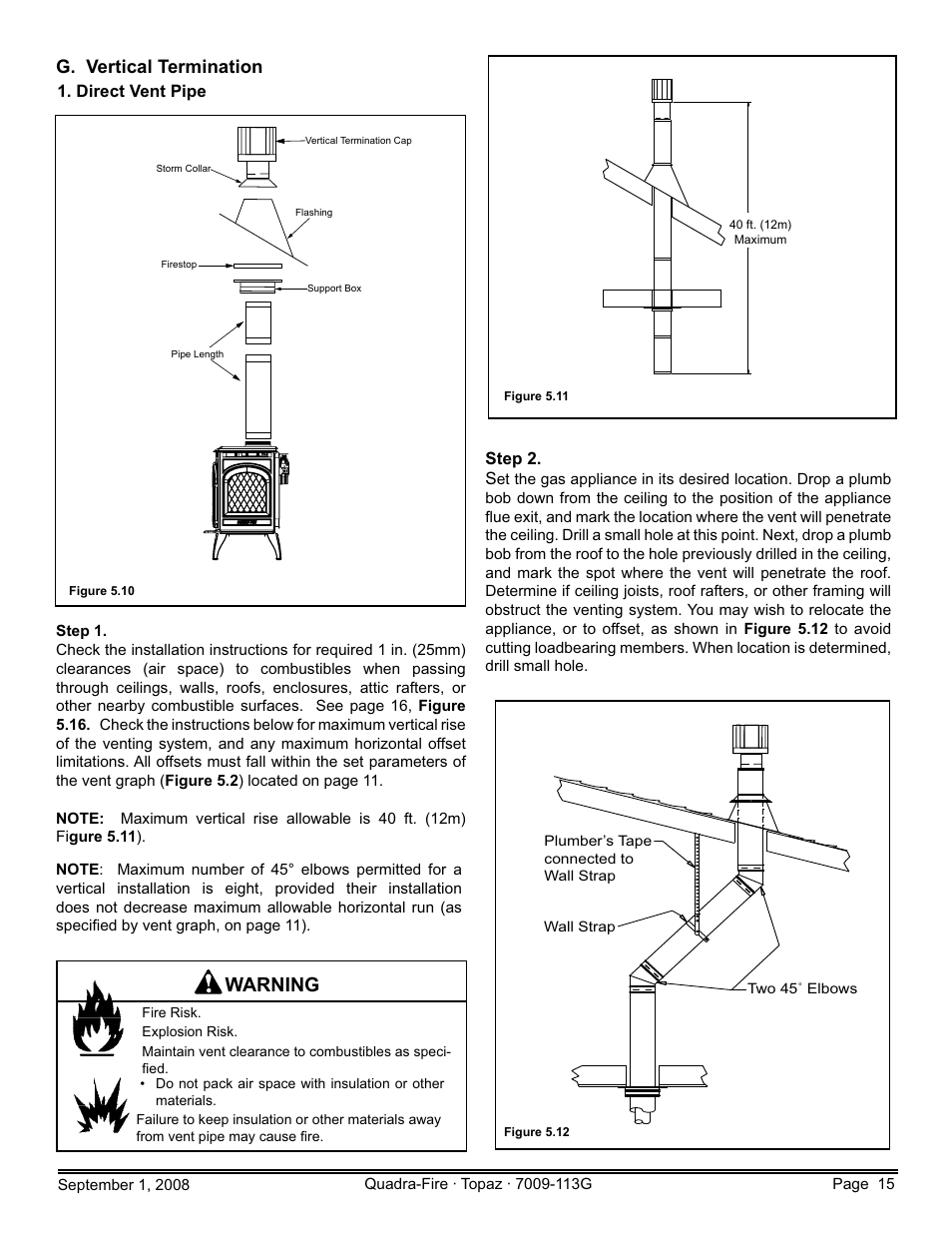 Warning, G. vertical termination, Step 2. s | Direct vent pipe | Hearth and Home Technologies 839-1290 User Manual | Page 15 / 56