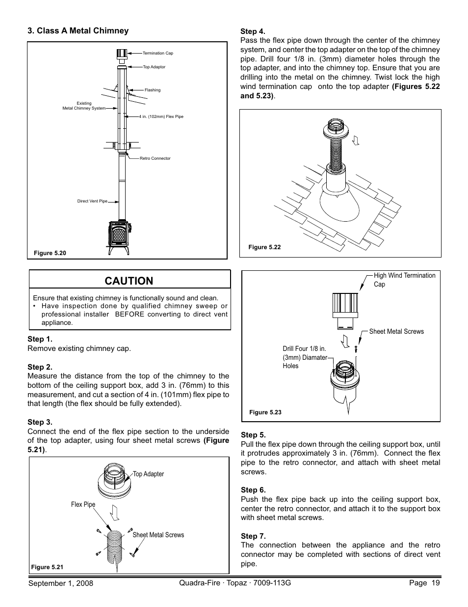 Caution, Class a metal chimney | Hearth and Home Technologies 839-1290 User Manual | Page 19 / 56