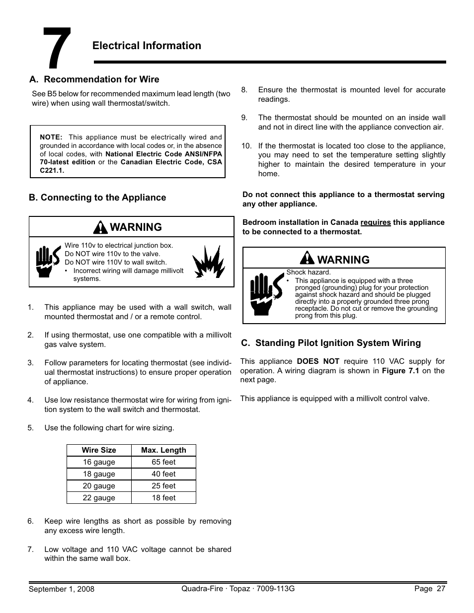 Electrical information, Warning | Hearth and Home Technologies 839-1290 User Manual | Page 27 / 56