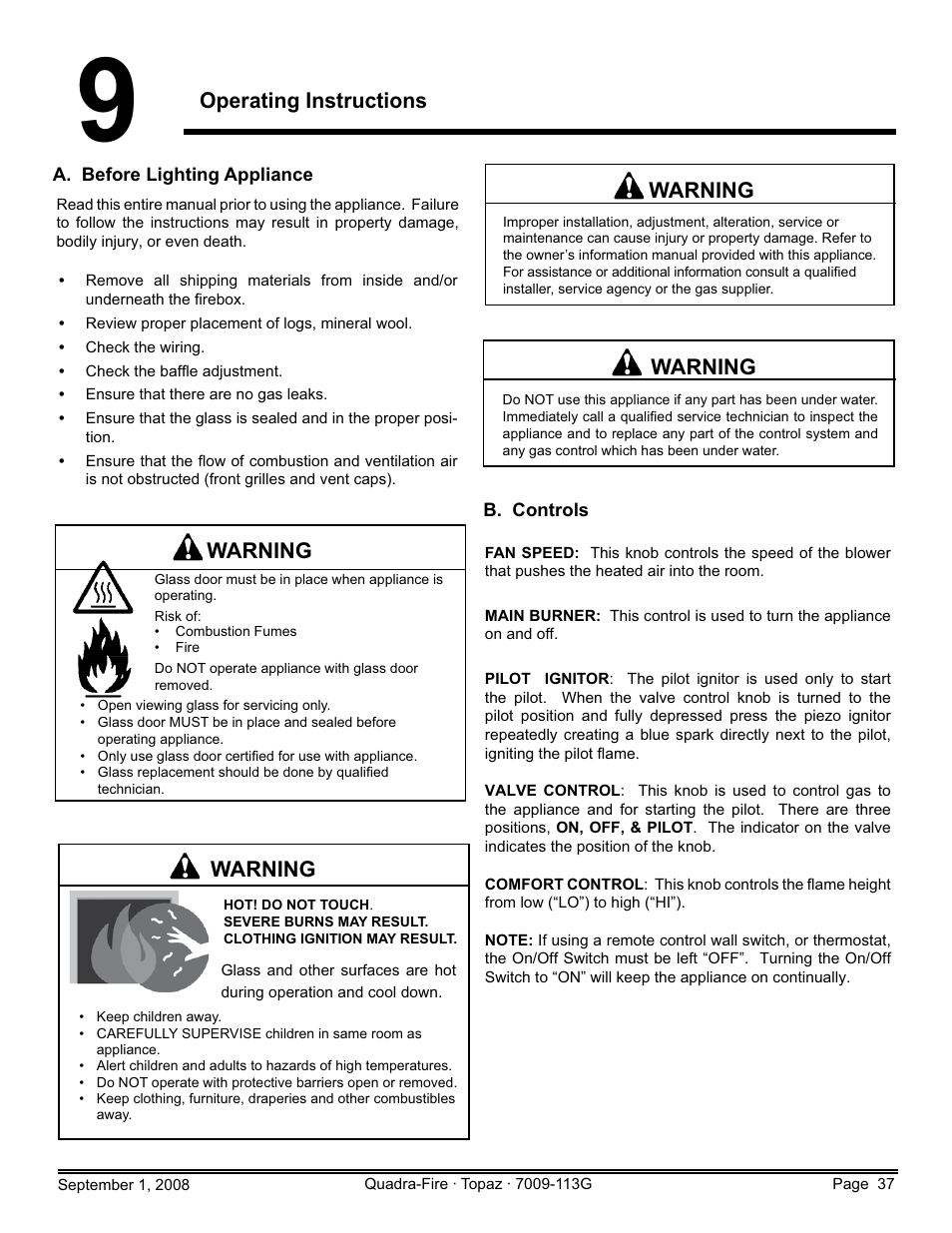 Operating instructions, Warning | Hearth and Home Technologies 839-1290 User Manual | Page 37 / 56