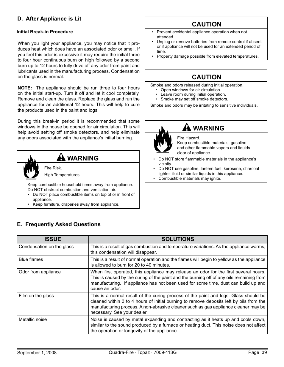 Warning, Caution | Hearth and Home Technologies 839-1290 User Manual | Page 39 / 56