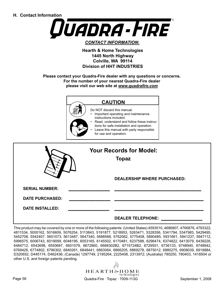 Your records for model, Topaz, Caution | Hearth and Home Technologies 839-1290 User Manual | Page 56 / 56