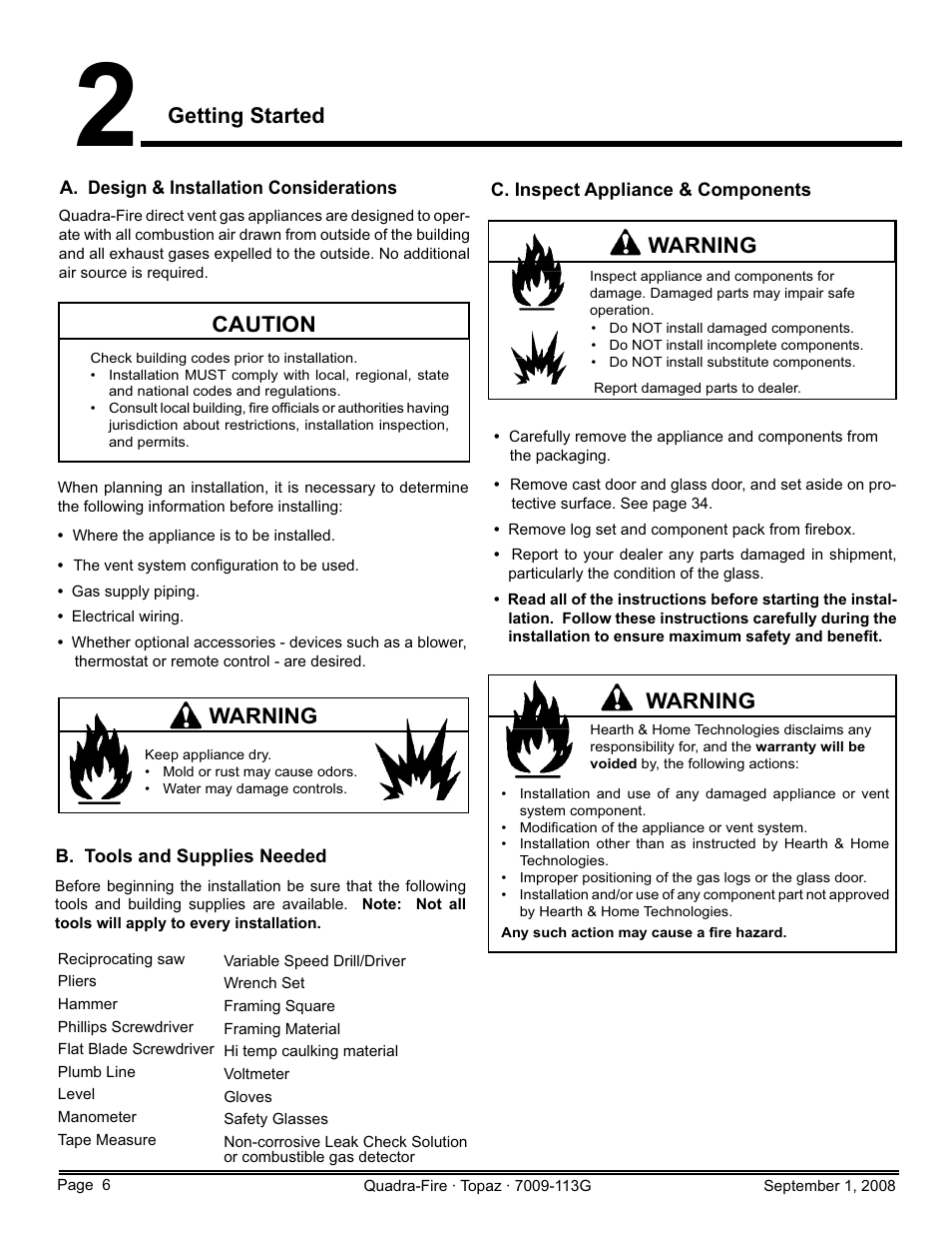 Getting started, Caution, Warning | Hearth and Home Technologies 839-1290 User Manual | Page 6 / 56