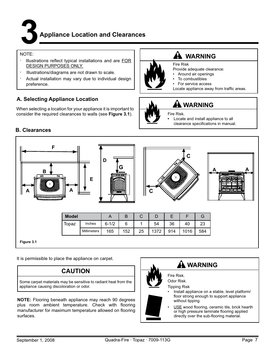 Appliance location and clearances, Warning, Caution | Hearth and Home Technologies 839-1290 User Manual | Page 7 / 56