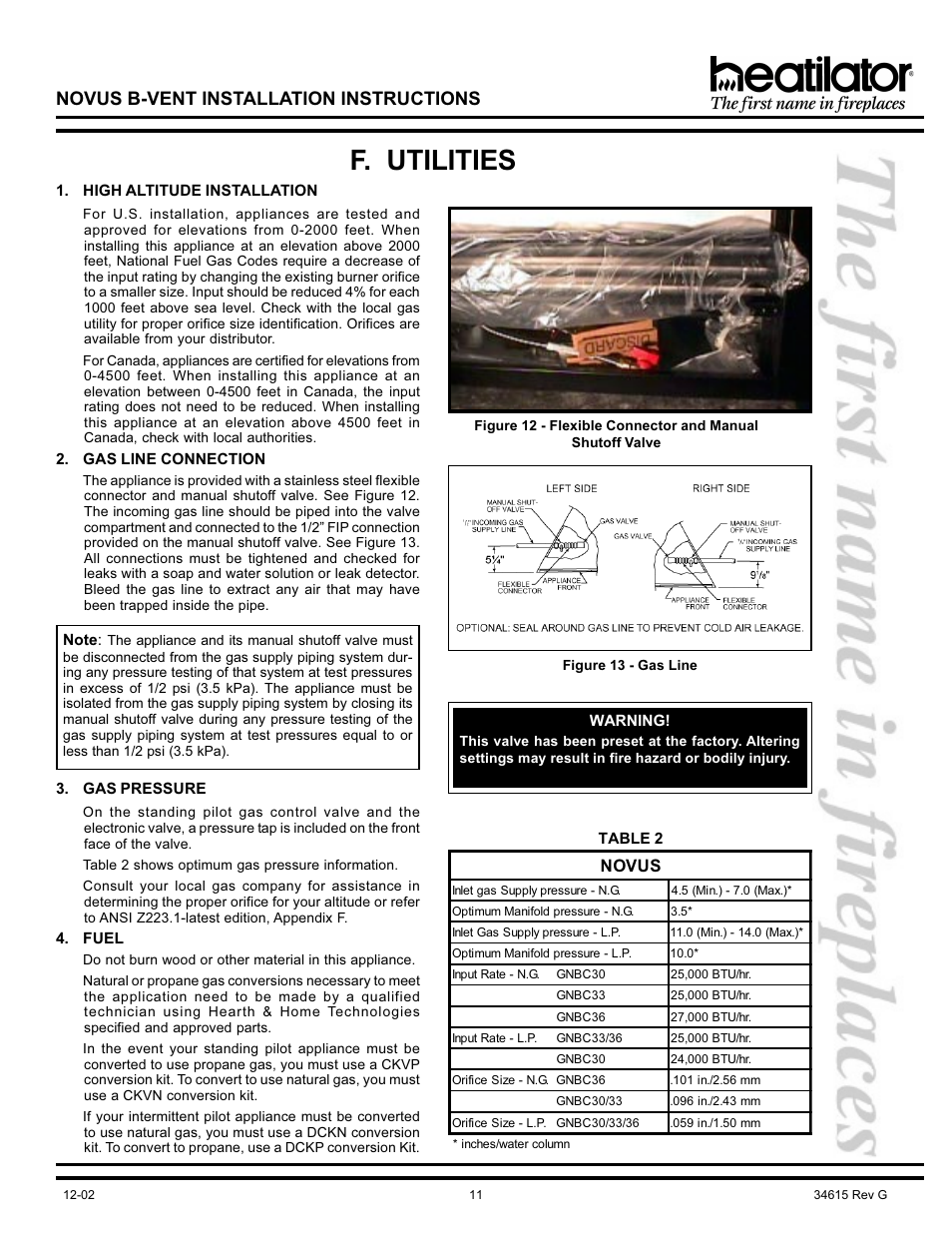 F. utilities, Btus, Conversion kit | Fuel conversion, Input rate, Gas line connection, Gas pressure, High altitude installation, Novus b-vent installation instructions, Su v o n | Hearth and Home Technologies NOVUS GNBC33 User Manual | Page 11 / 28