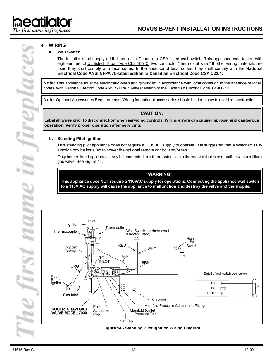 Electric, Electric codes, Wiring | Standing pilot ignition, Wall switch, Novus b-vent installation instructions | Hearth and Home Technologies NOVUS GNBC33 User Manual | Page 12 / 28