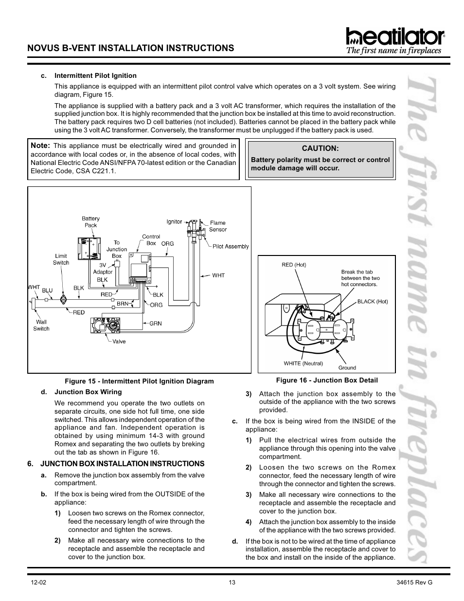 Junction box installation, Junction box wiring, Intermittent pilot ignition | Novus b-vent installation instructions | Hearth and Home Technologies NOVUS GNBC33 User Manual | Page 13 / 28