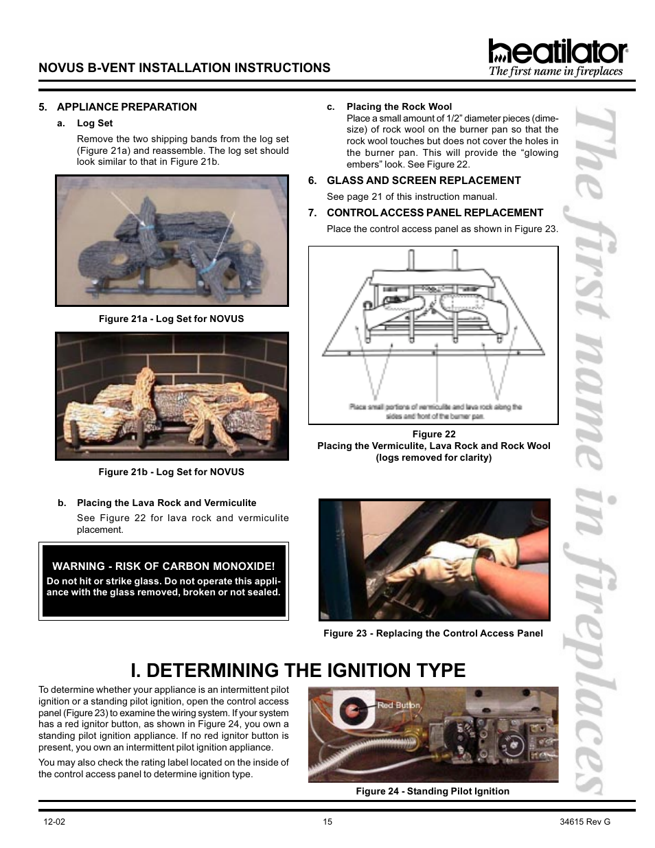 I. determining the ignition type, Lava rock, Log set | Rock wool, Vermiculite, Determining the type, Determining the ignition type, Novus b-vent installation instructions | Hearth and Home Technologies NOVUS GNBC33 User Manual | Page 15 / 28