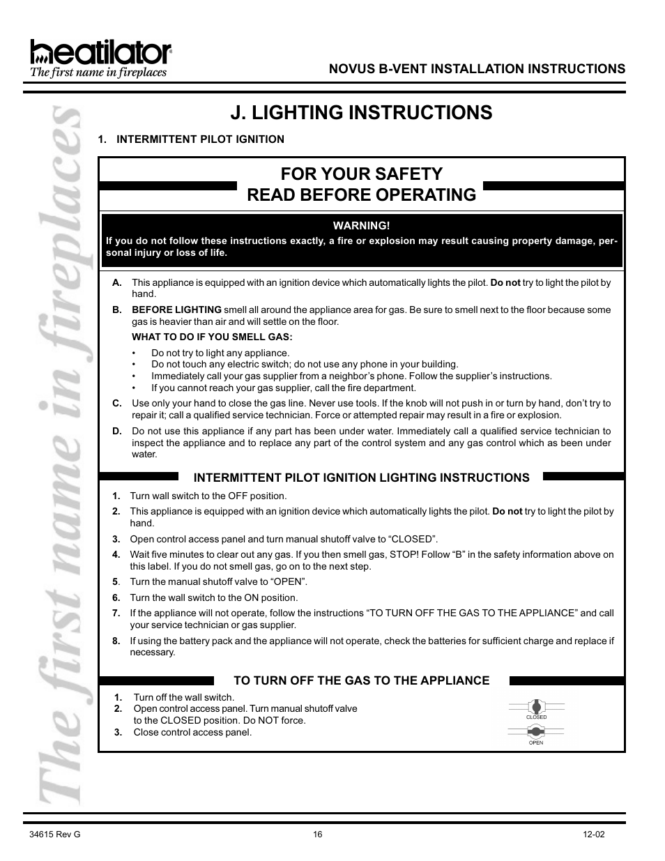 J. lighting instructions, K. seasonal checklist, Intermittent pilot | For your safety read before operating | Hearth and Home Technologies NOVUS GNBC33 User Manual | Page 16 / 28