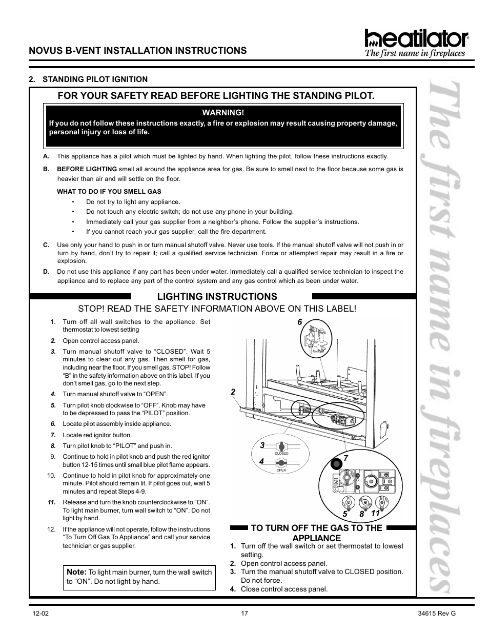 Standing pilot ignition, Novus b-vent installation instructions, Lighting instructions | Hearth and Home Technologies NOVUS GNBC33 User Manual | Page 17 / 28