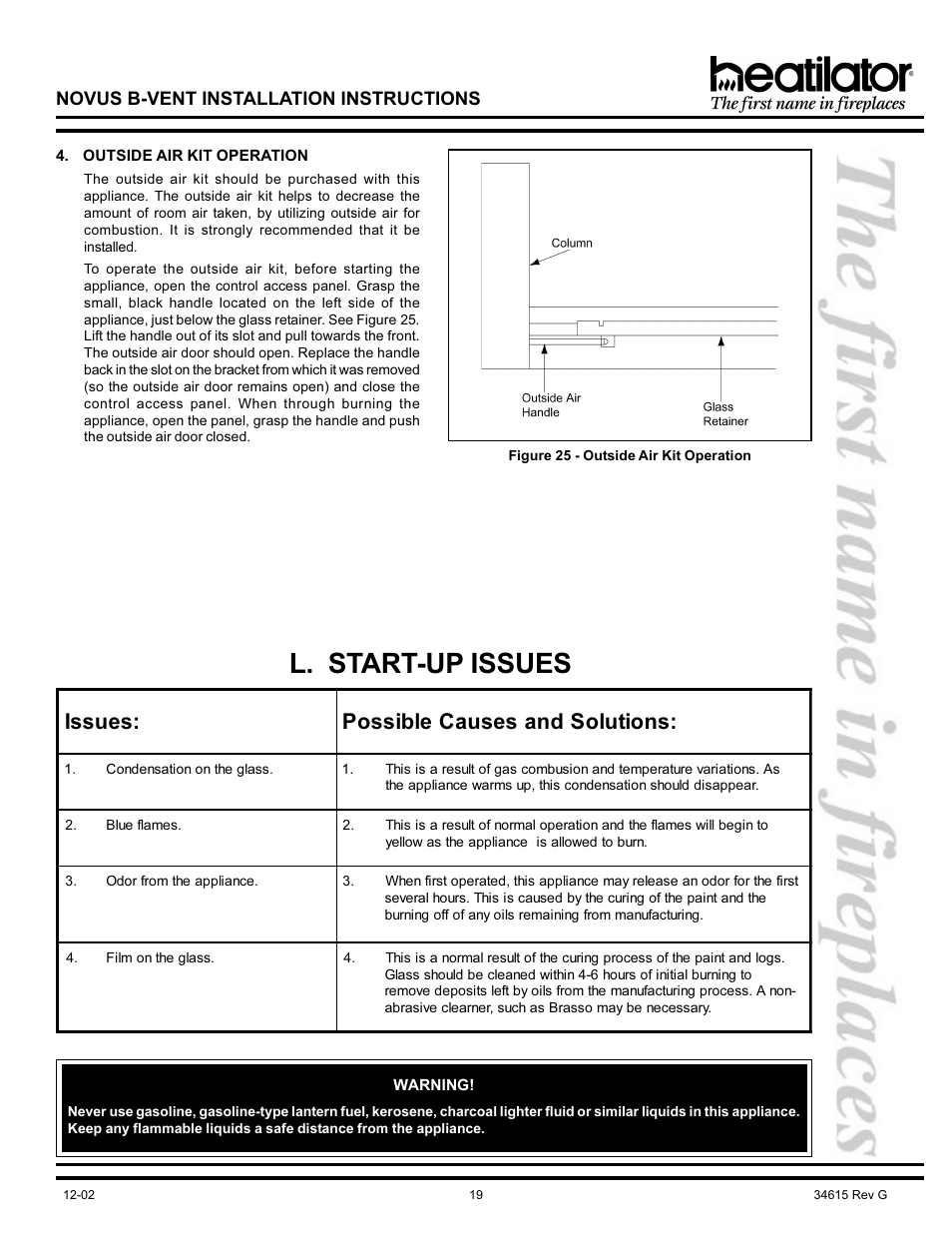 L. start-up issues, Operation, Blue flames | Condensation, Film on, Odor, Condensation on glass, Film on glass, Novus b-vent installation instructions | Hearth and Home Technologies NOVUS GNBC33 User Manual | Page 19 / 28