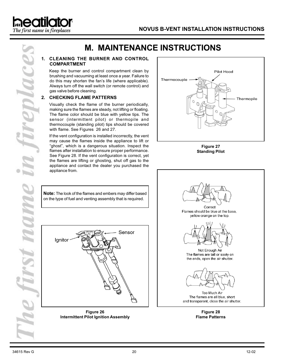 M. maintenance instructions, Burner and control compartment, Burner & control compartment | Flame patterns, Novus b-vent installation instructions | Hearth and Home Technologies NOVUS GNBC33 User Manual | Page 20 / 28