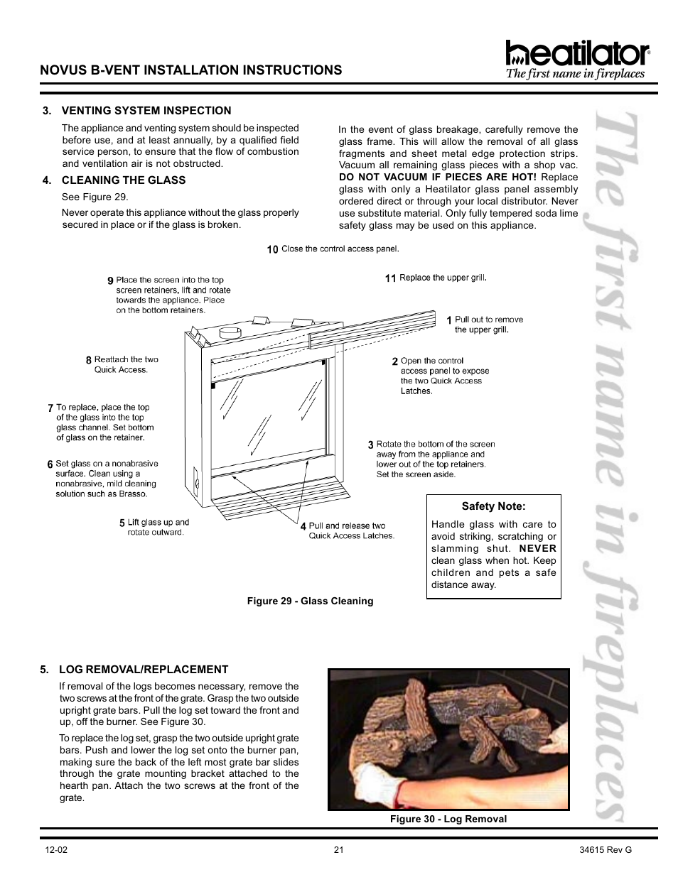 Glass, Log removal/replacement, System inspection | Novus b-vent installation instructions | Hearth and Home Technologies NOVUS GNBC33 User Manual | Page 21 / 28