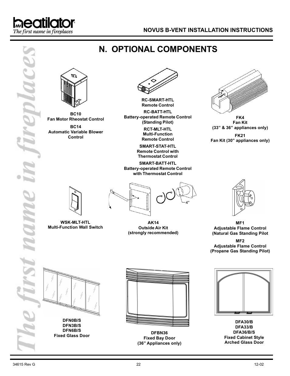 N. optional components, Air kit, Optional components | Outside air kit, Novus b-vent installation instructions | Hearth and Home Technologies NOVUS GNBC33 User Manual | Page 22 / 28