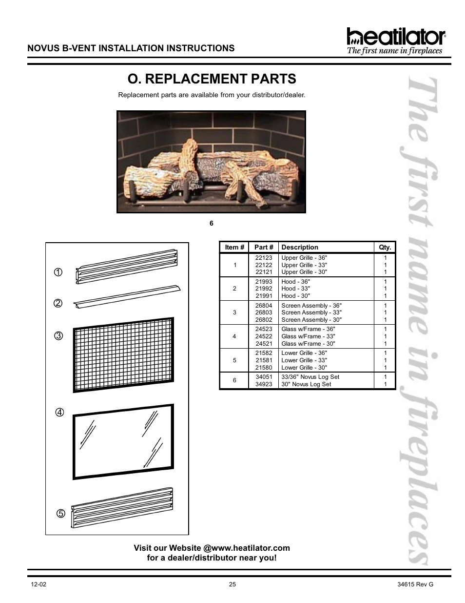 O. replacement parts, Replacement parts, Novus b-vent installation instructions | Hearth and Home Technologies NOVUS GNBC33 User Manual | Page 25 / 28