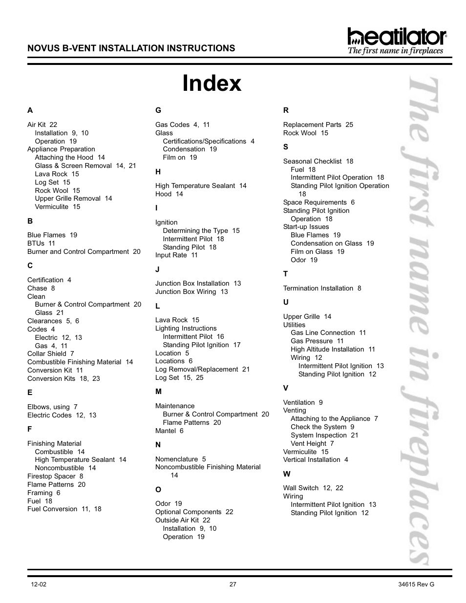 Index, Appliance preparation, Clean | Finishing material, Glass, Ignition, Lighting instructions, Maintenance, Standing pilot ignition, Start-up issues | Hearth and Home Technologies NOVUS GNBC33 User Manual | Page 27 / 28