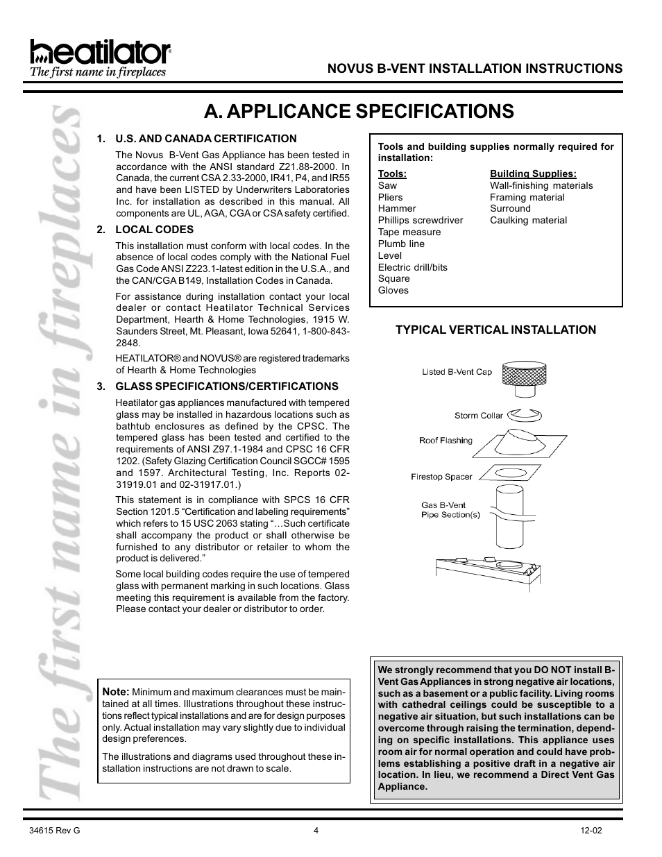 A. applicance specifications, Certification, Codes | Gas codes, Certifications/specifications, Vertical installation, Novus b-vent installation instructions | Hearth and Home Technologies NOVUS GNBC33 User Manual | Page 4 / 28