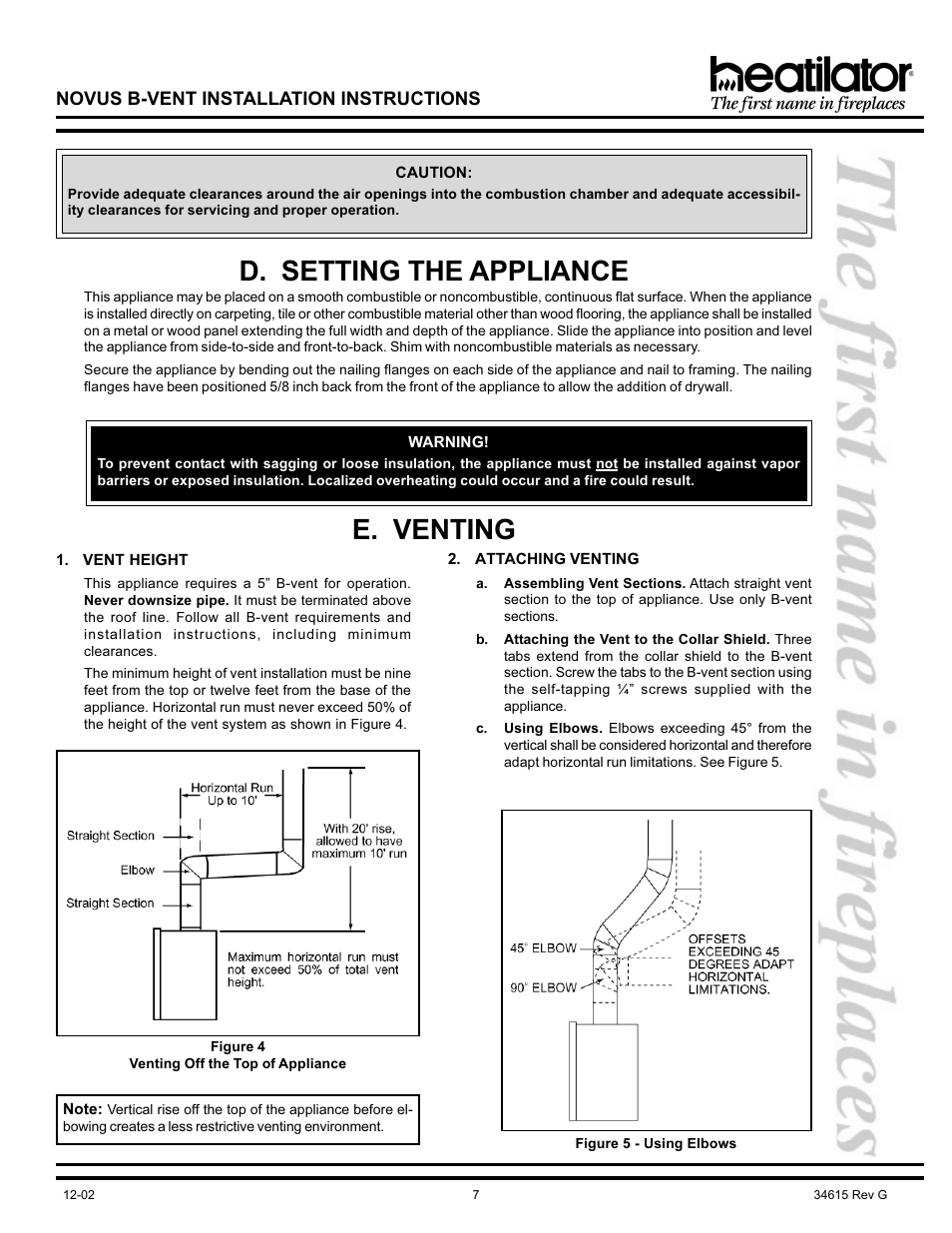 D. setting the appliance, E. venting, Collar shield | Elbows, using, Attaching to the appliance, Vent height | Hearth and Home Technologies NOVUS GNBC33 User Manual | Page 7 / 28