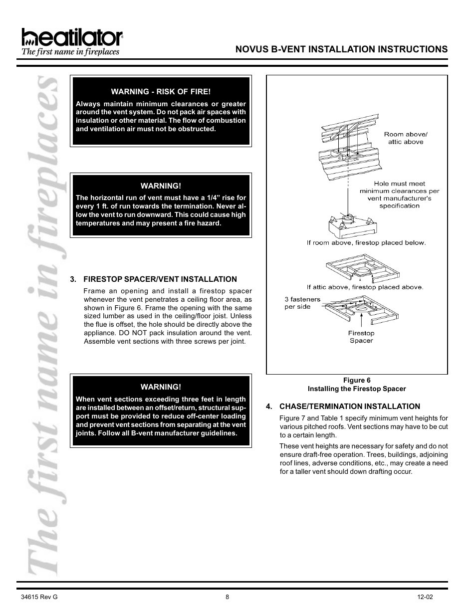 Chase, Firestop spacer, Termination installation | Novus b-vent installation instructions | Hearth and Home Technologies NOVUS GNBC33 User Manual | Page 8 / 28