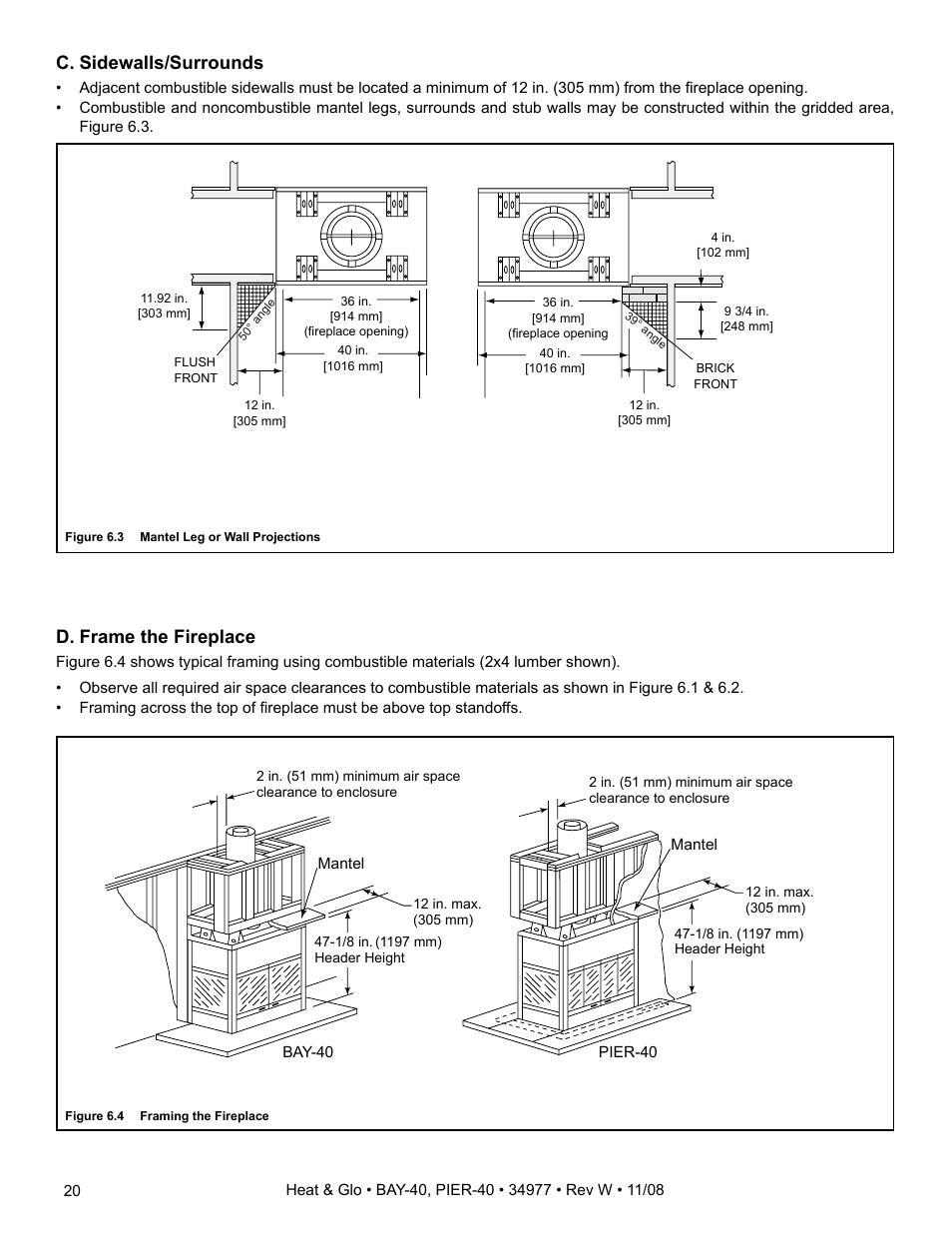 D. frame the fireplace, C. sidewalls/surrounds | Hearth and Home Technologies BAY-40 User Manual | Page 20 / 52