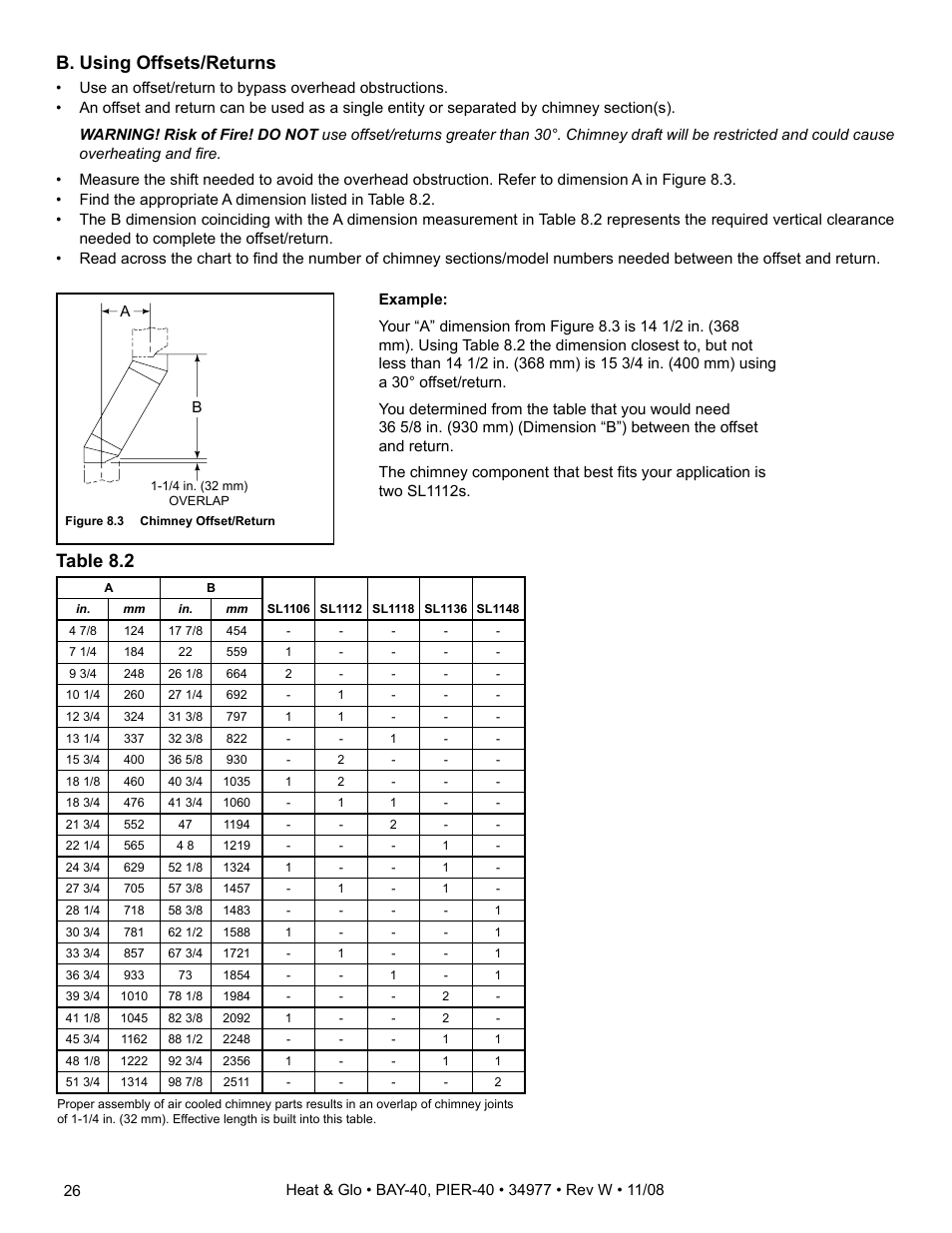 Table 8.2 b. using offsets/returns | Hearth and Home Technologies BAY-40 User Manual | Page 26 / 52