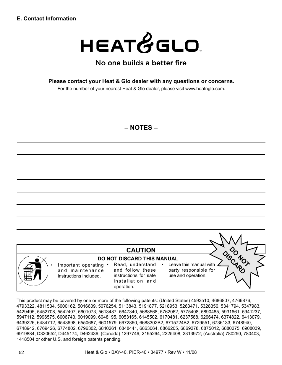 Caution, Do not discard | Hearth and Home Technologies BAY-40 User Manual | Page 52 / 52