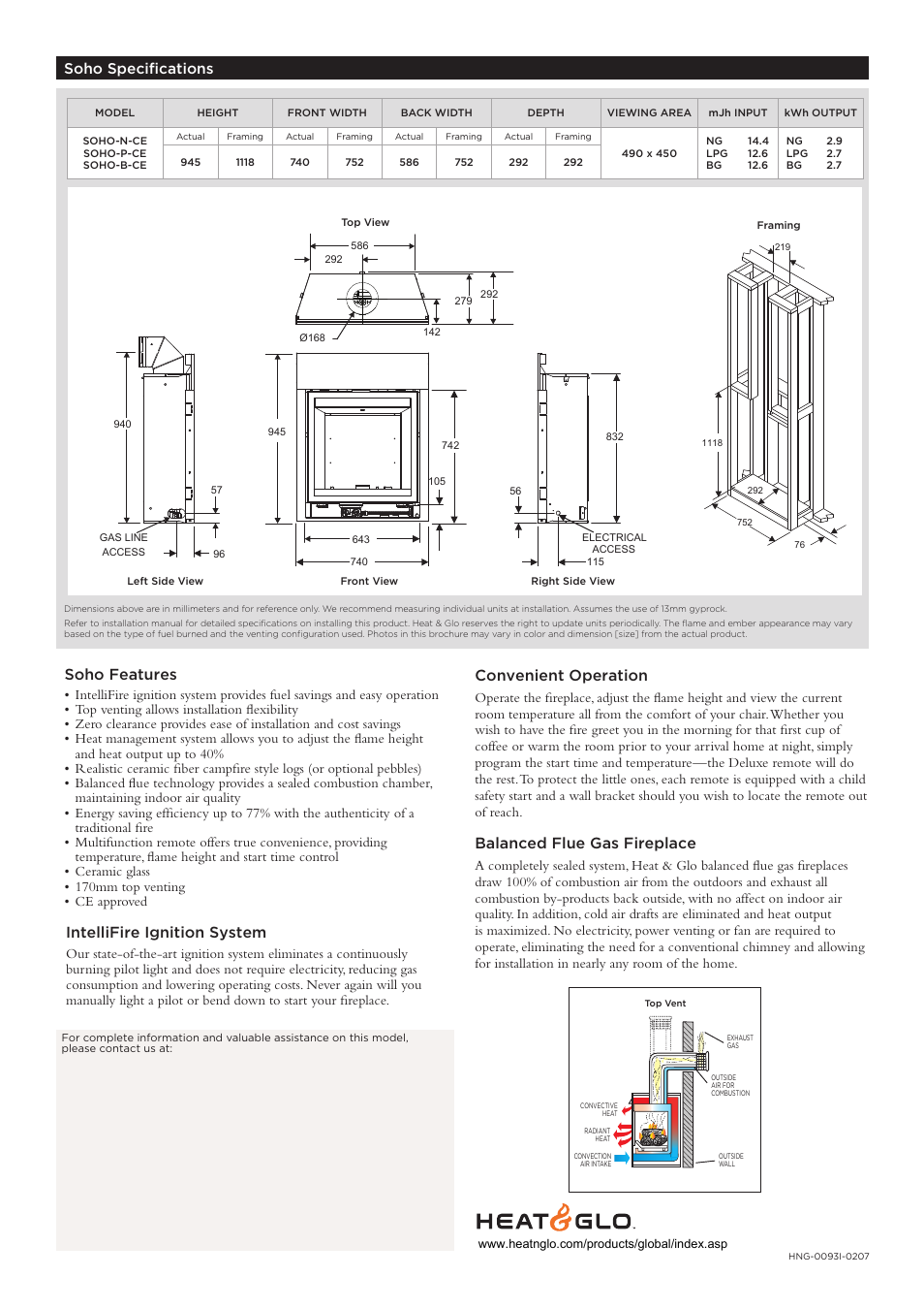 Convenient operation, Balanced flue gas fireplace, Intellifire ignition system | Soho features, Soho specifications | Hearth and Home Technologies Balanced Flue Gas Fireplace SOHO-CE User Manual | Page 4 / 4