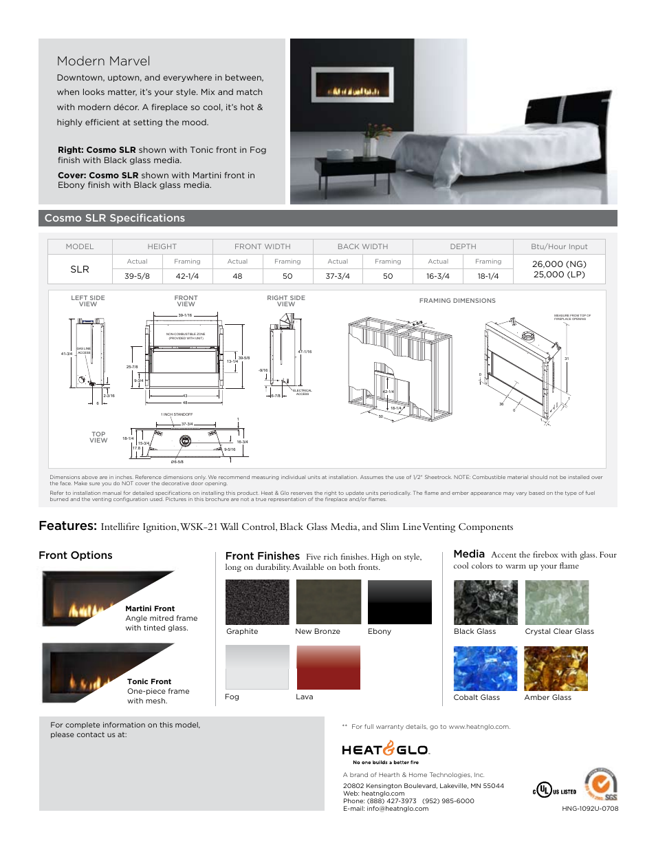 Modern marvel, Features, Cosmo slr specifications | Front options, Front finishes, Graphite fog new bronze lava ebony | Hearth and Home Technologies Cosmo SLR User Manual | Page 2 / 2