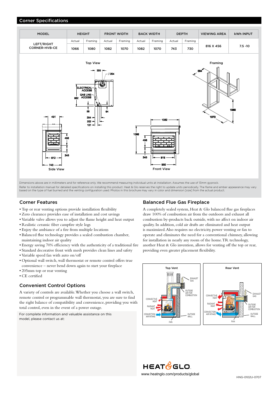 Balanced flue gas fireplace, Corner features, Convenient control options | Corner specifications | Hearth and Home Technologies Balanced Flue Gas Fireplace CORNER-HVB-CE User Manual | Page 2 / 2