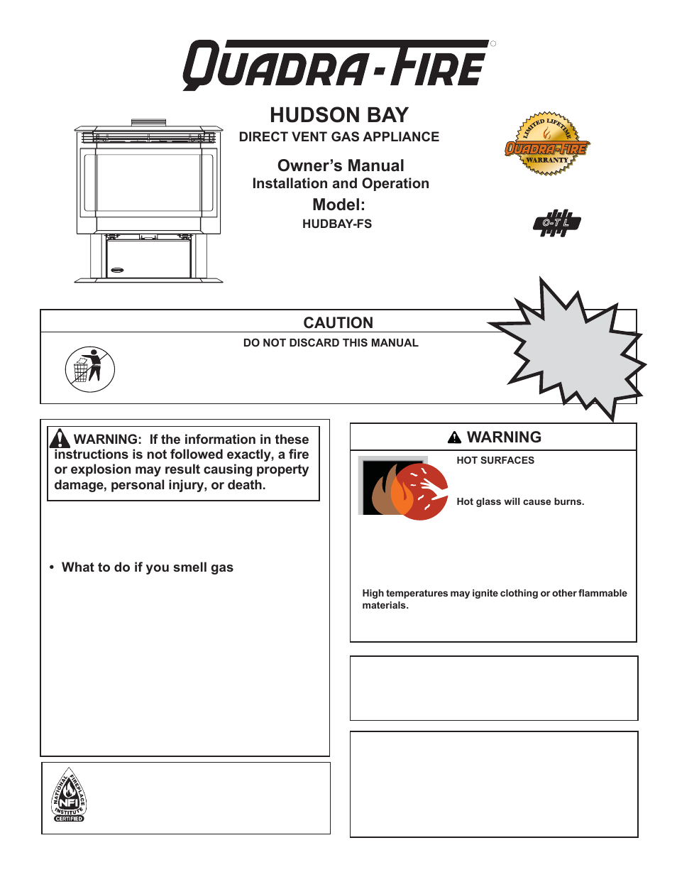 Hearth and Home Technologies Hudson Bay Direct Vent Gas Appliance HUDBAY-FS User Manual | 49 pages