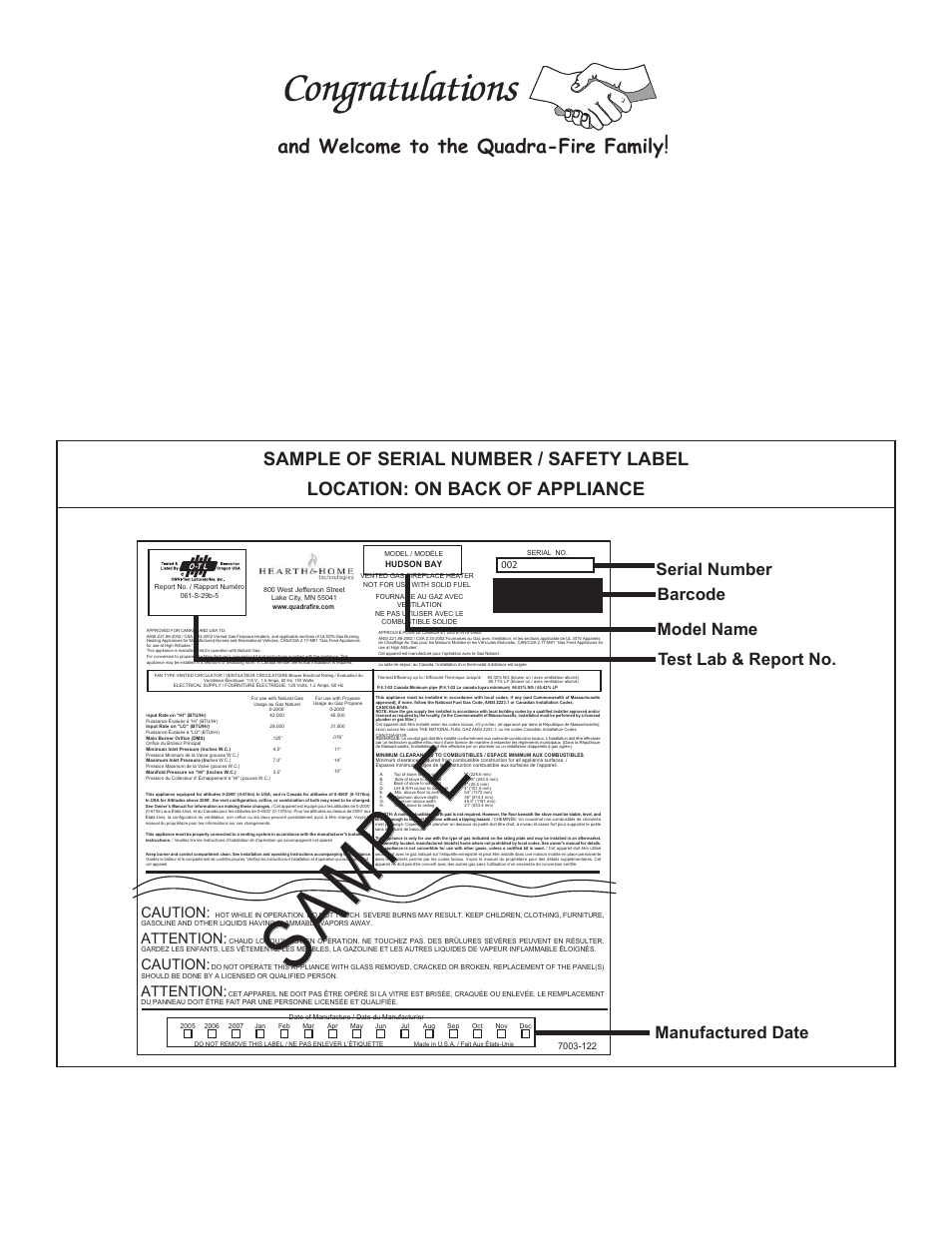 Sample sa mp le, And welcome to the quadra-fire family, Caution | Attention | Hearth and Home Technologies Hudson Bay Direct Vent Gas Appliance HUDBAY-FS User Manual | Page 2 / 49