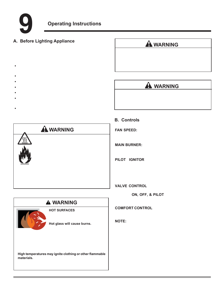 Operating instructions, Warning | Hearth and Home Technologies Hudson Bay Direct Vent Gas Appliance HUDBAY-FS User Manual | Page 34 / 49